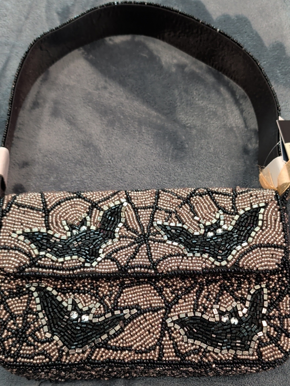 Embellished Beaded Black and Gold Bat And Spider Web Shoulder Bag - Picture 1 of 5